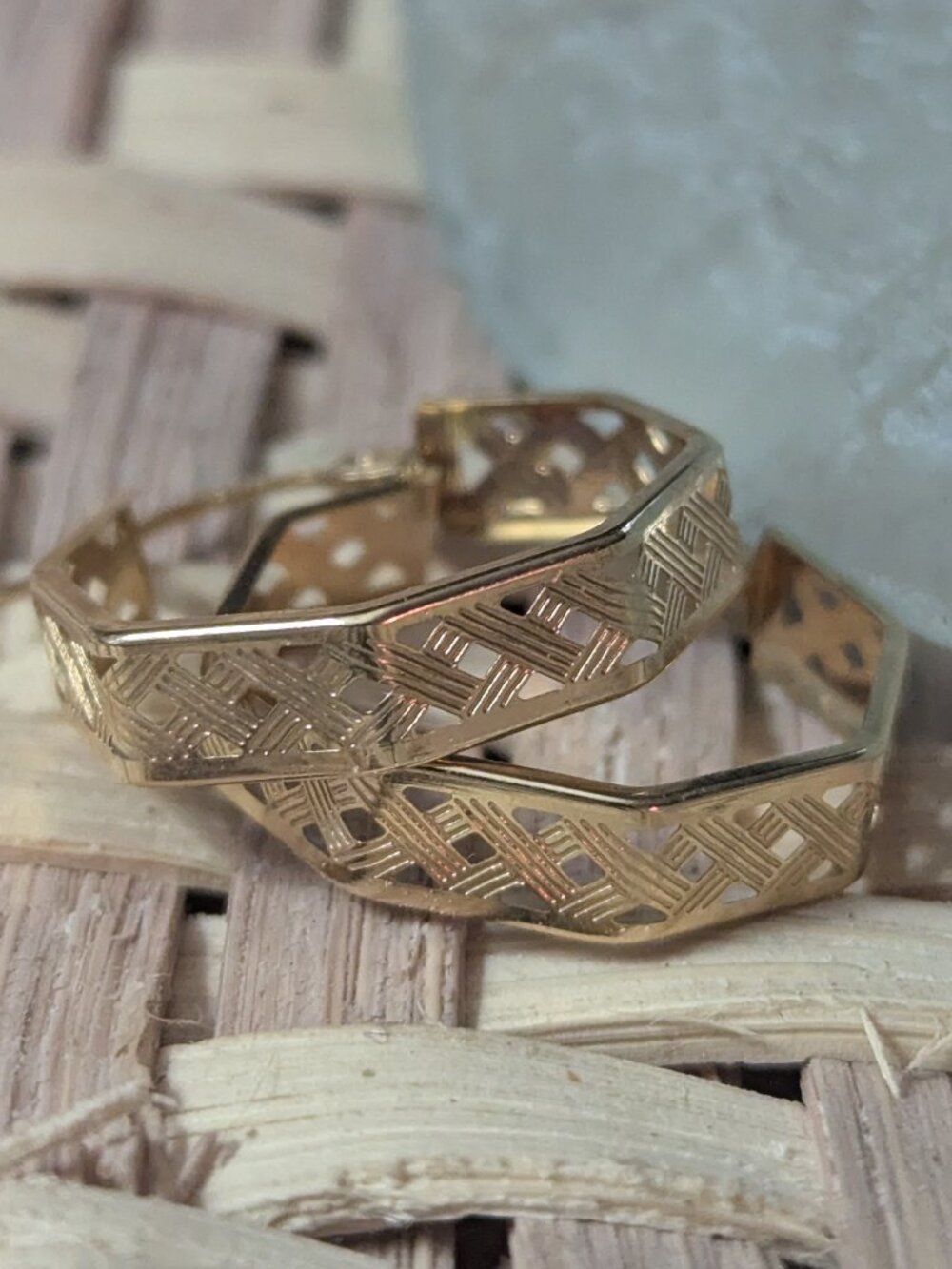 22k basket woven hexagonal earrings vintage